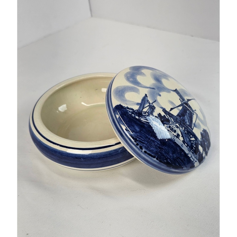 Vintage Delft Blue Hand Painted Holland Windmill Covered Trinket Dish Box